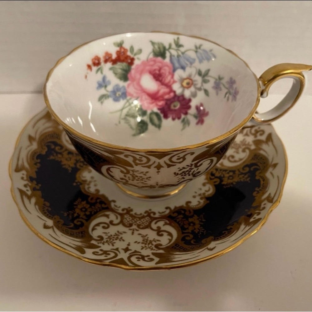 Crown Staffordshire A15911 Cobalt Blue And Gold Floral Tea Cup & Saucer Set